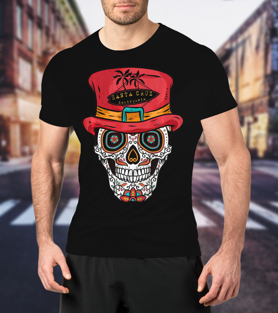 Santa Cruz California Sugar Skull Souvenir With Red Hat And Tropical Palm Trees T-Shirt