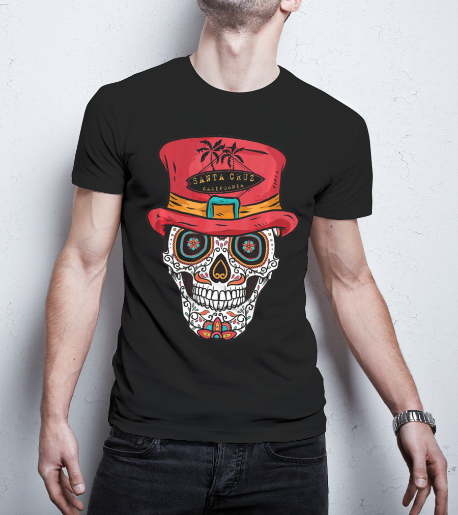 Santa Cruz California Sugar Skull Souvenir With Red Hat And Tropical Palm Trees T-Shirt