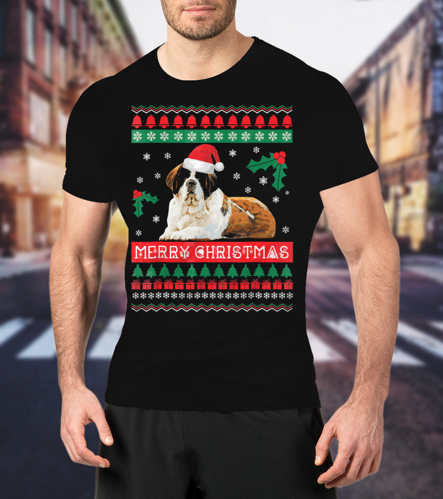Merry Christmas St Bernard Dog Ugly Sweater Holiday T-Shirt