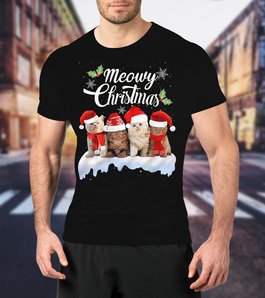 Meowy Christmas Kitten Cat Kitty Snowflake Santa Hat Holly T-Shirt