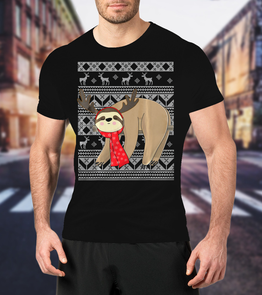 Ugly Christmas Sloth Reindeer Red Scarf Chris T-Shirt