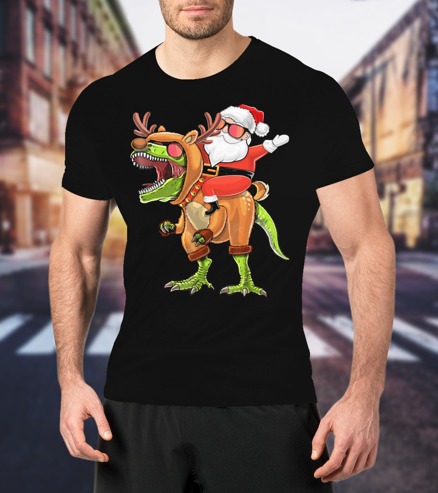 Santa Riding Reindeer Rex Dinosaur With Holiday Cheer T-Shirt