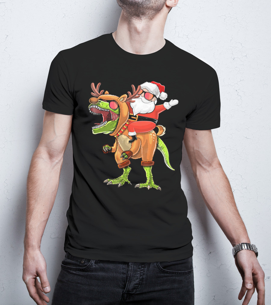 Santa Riding Reindeer Rex Dinosaur With Holiday Cheer T-Shirt