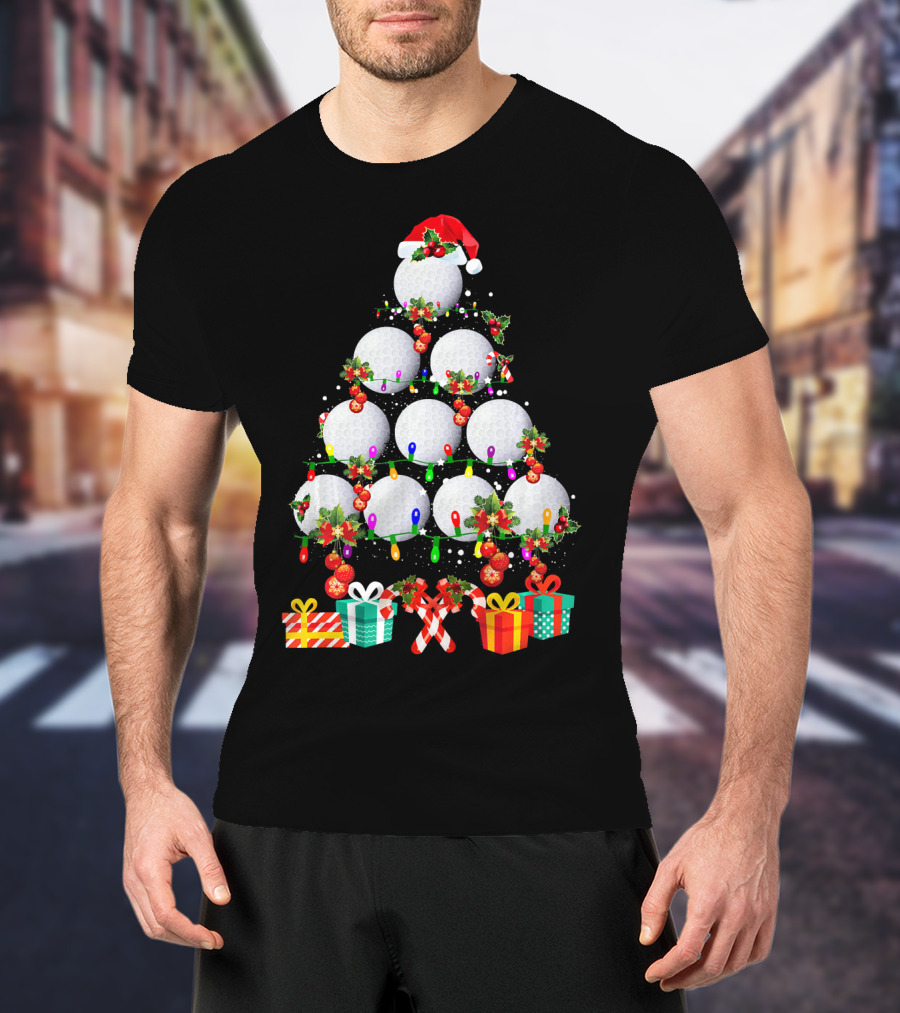 Golf Ball Christmas Tree Santa Hat Holiday Gifts T-Shirt