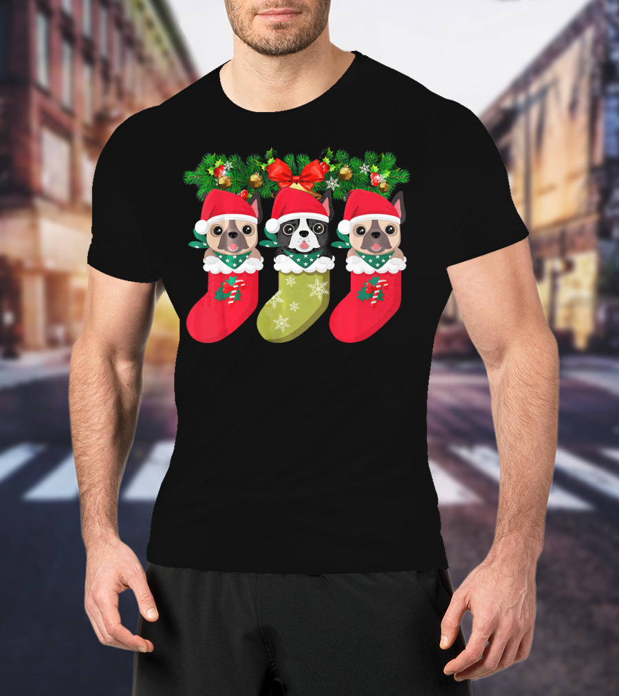 Pug Christmas Socks Festive Dog Stocking Trio With Santa Hats And Holly T-Shirt