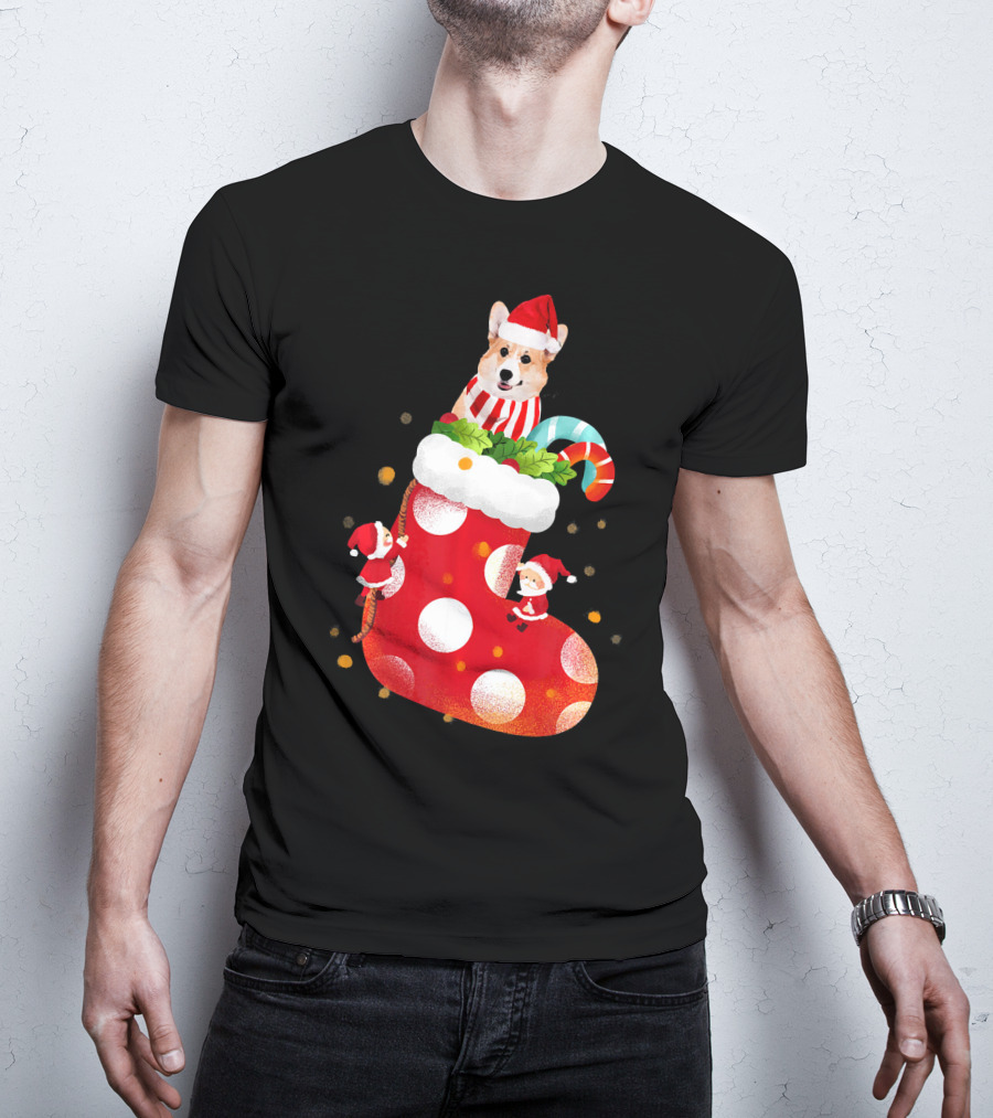Christmas Corgi Dog In Santa Hat And Striped Scarf In Festive Stocking With Candy Cane T-Shirt