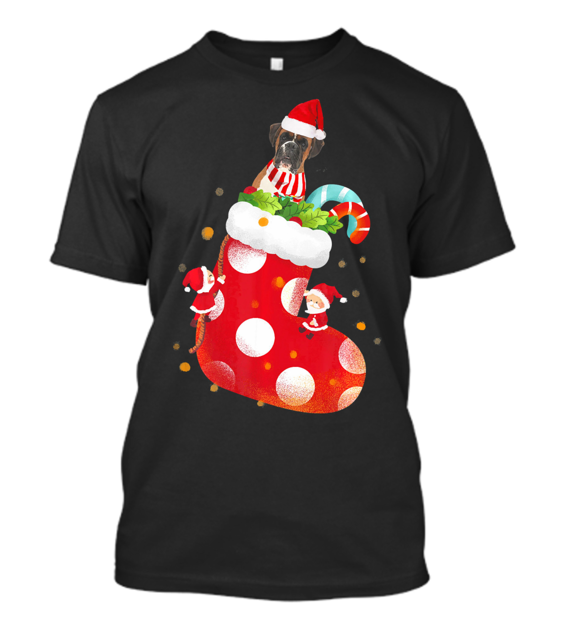 Christmas Boxer Dog Inside Santa Hat Sock With Candy Cane T-Shirt