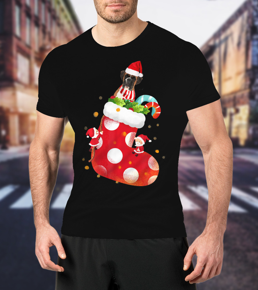 Christmas Boxer Dog Inside Santa Hat Sock With Candy Cane T-Shirt