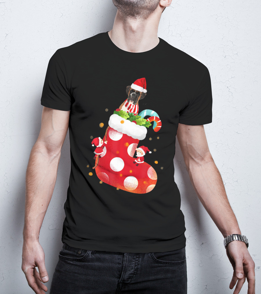 Christmas Boxer Dog Inside Santa Hat Sock With Candy Cane T-Shirt