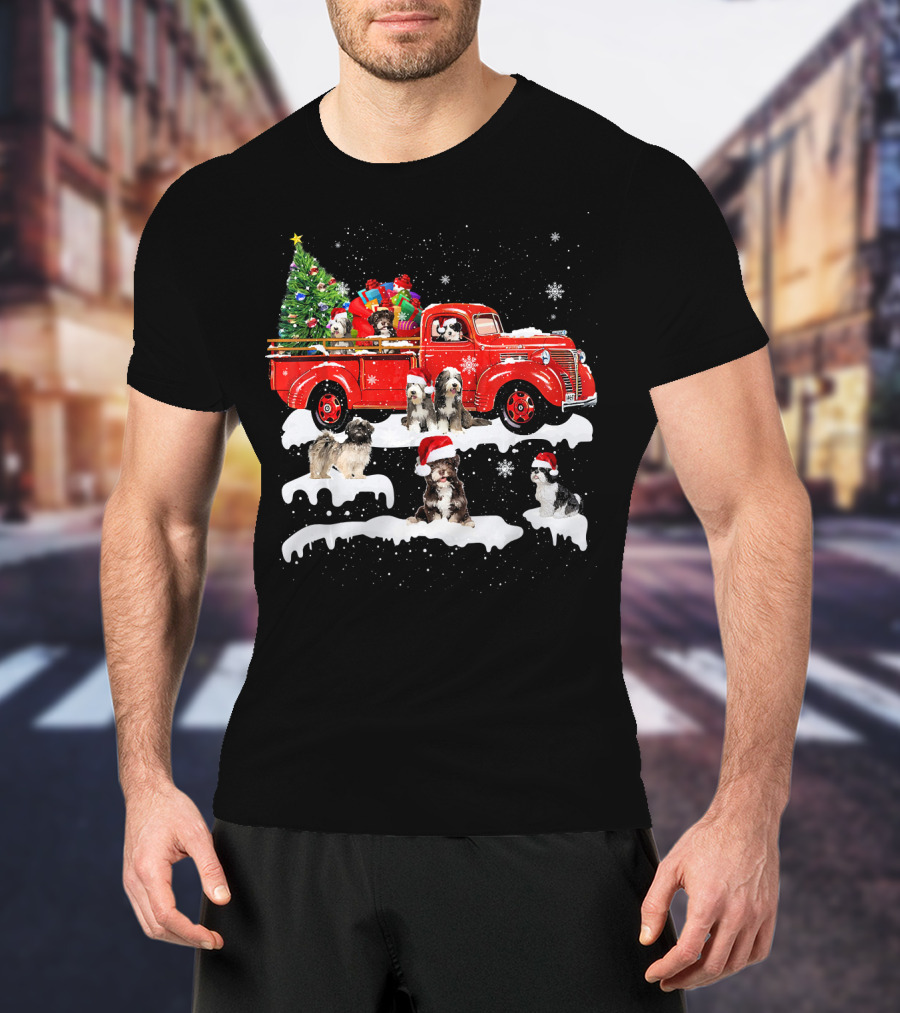 Tibetan Terrier Santa Hats Riding Red Truck With Christmas Tree And Gifts Snowflakes T-Shirt