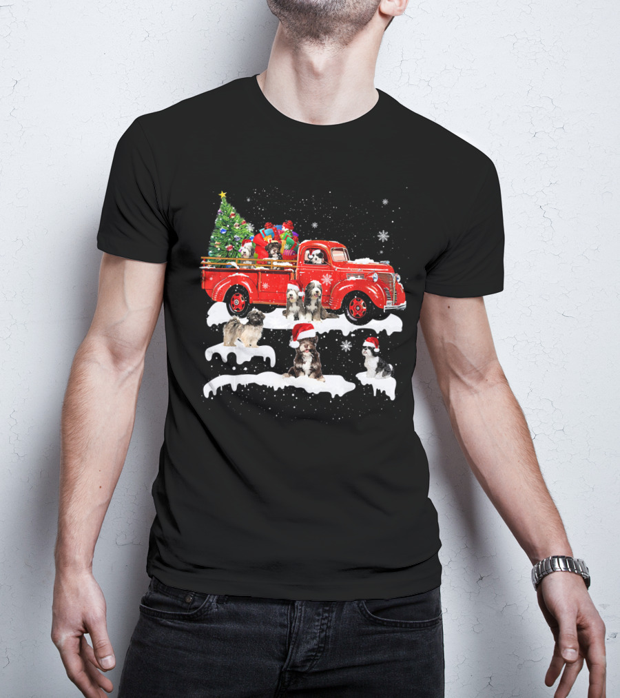 Tibetan Terrier Santa Hats Riding Red Truck With Christmas Tree And Gifts Snowflakes T-Shirt