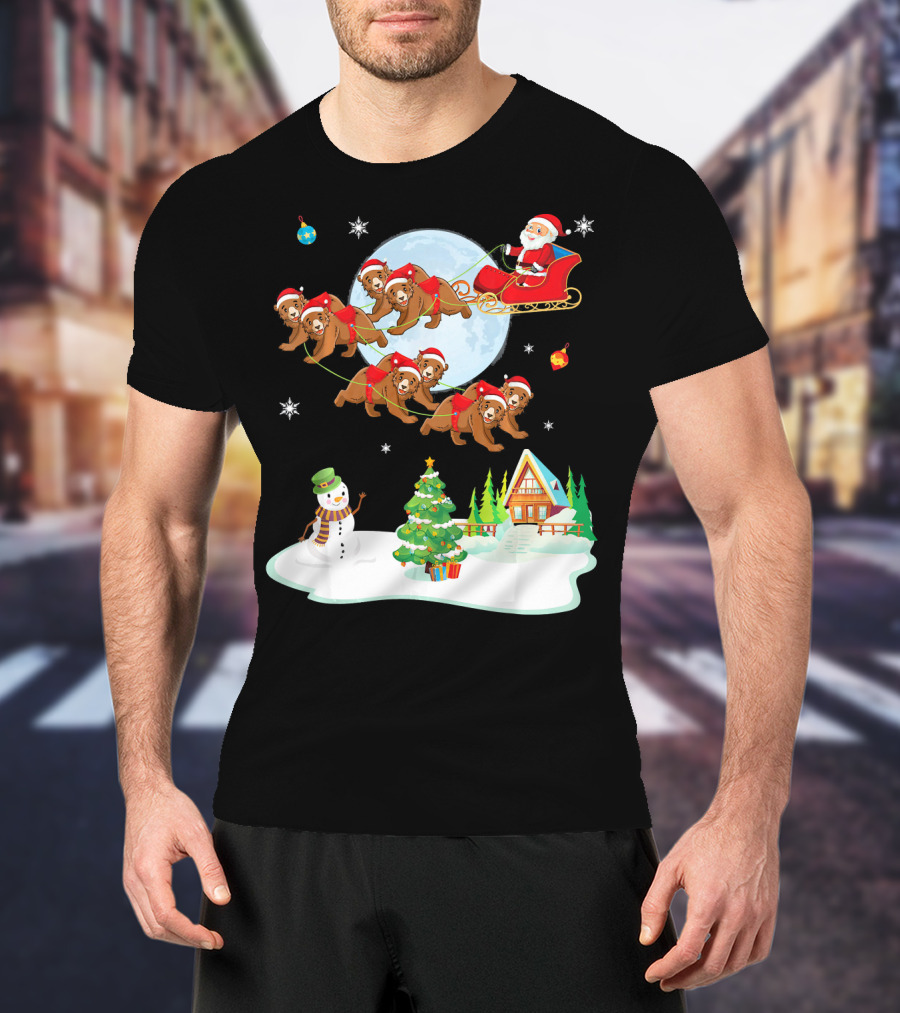 Santa Claus Sleigh With Bears And Snowman By Moonlit Cabin Noel T-Shirt