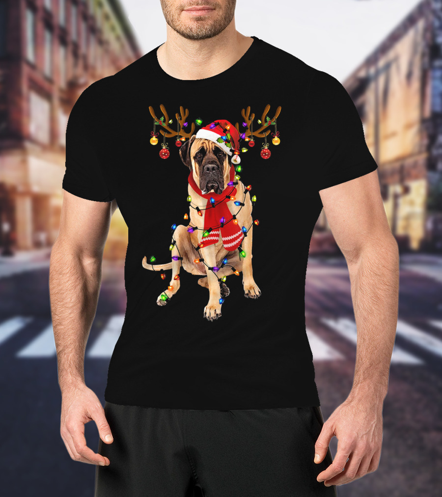 English Mastiff Christmas Lights Reindeer Antlers Santa Hat Scarf T-Shirt