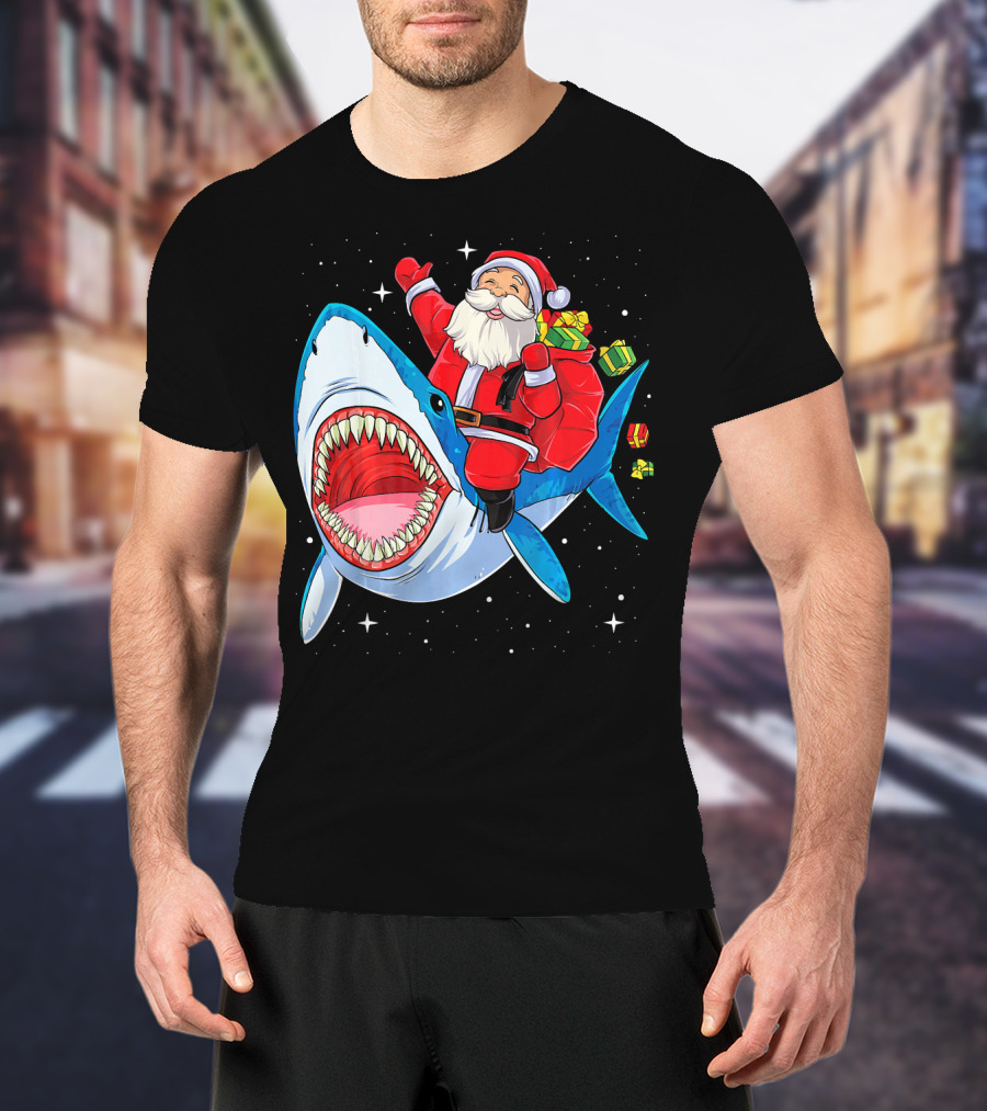 Christmas Kids Santa Riding Shark With Gifts T-Shirt