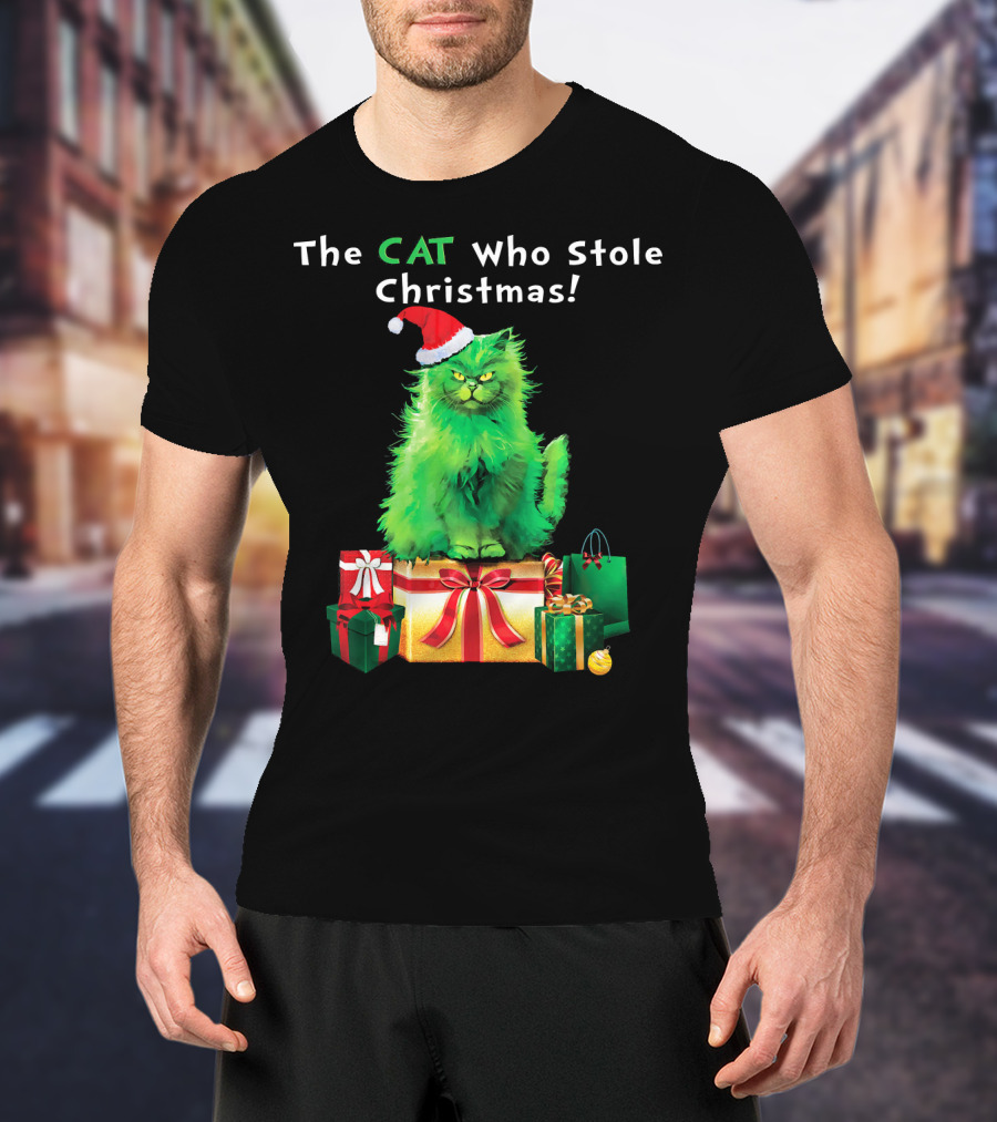The CAT Who Stole Christmas Holiday Purr With Santa Hat And Gifts T-Shirt