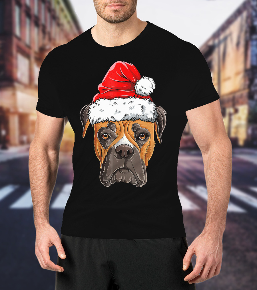 Boxer Dog With Santa Hat Christmas Holiday T-Shirt