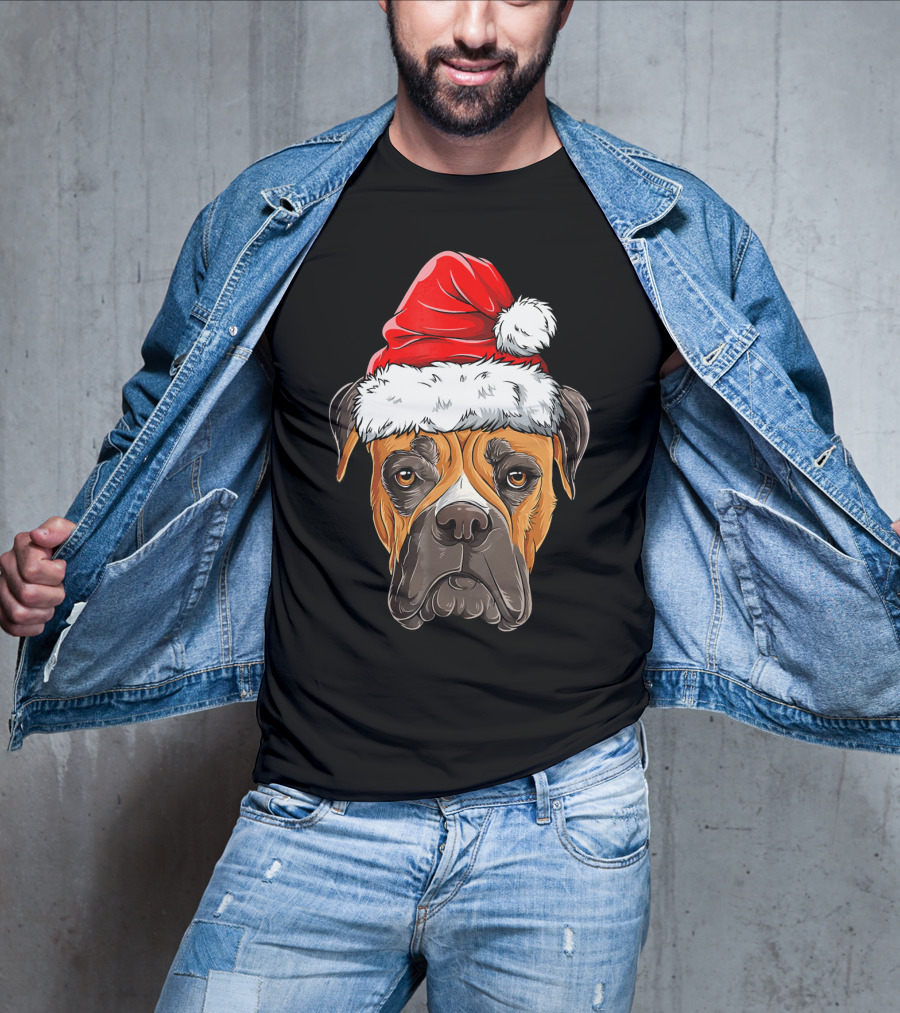 Boxer Dog With Santa Hat Christmas Holiday T-Shirt