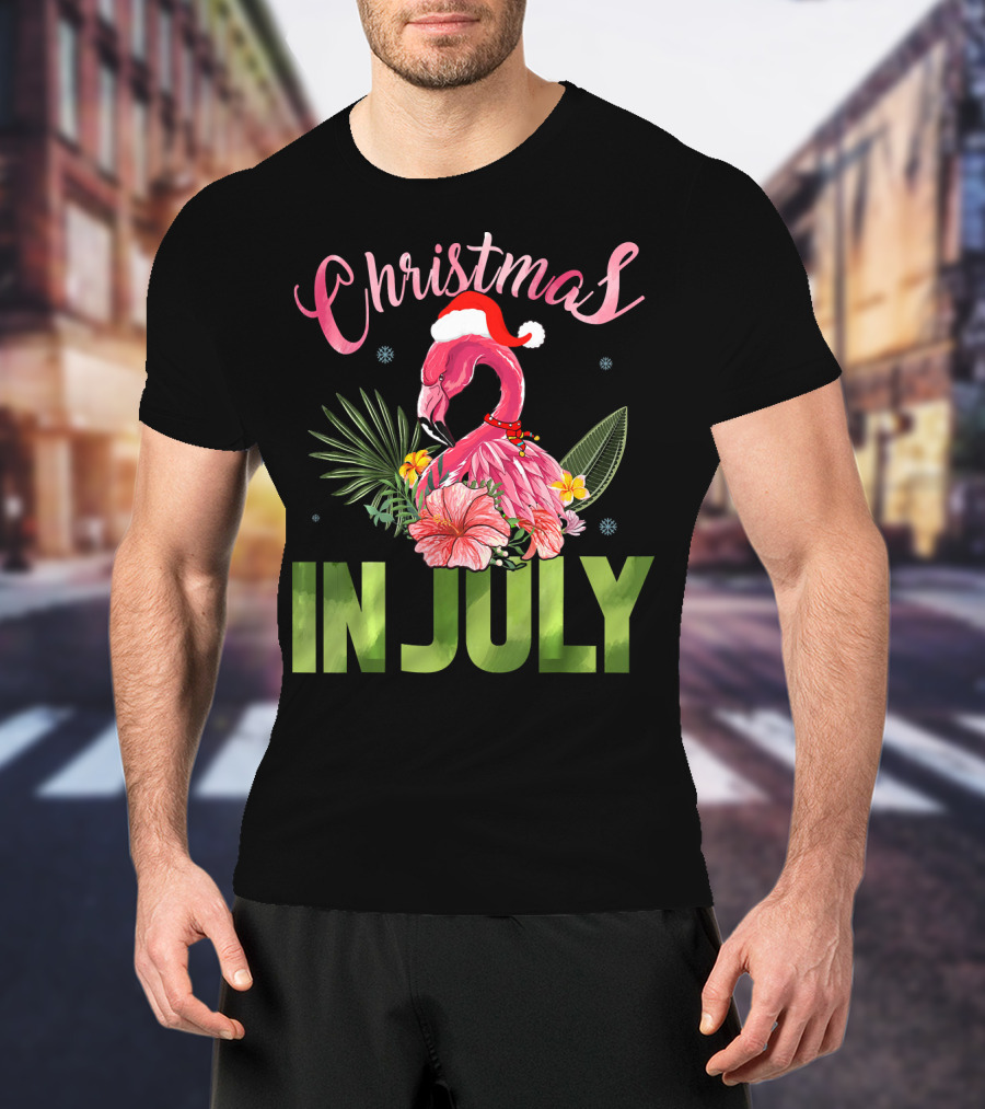 Christmas In July Cute Santa Hat Flamingo Summer T-Shirt