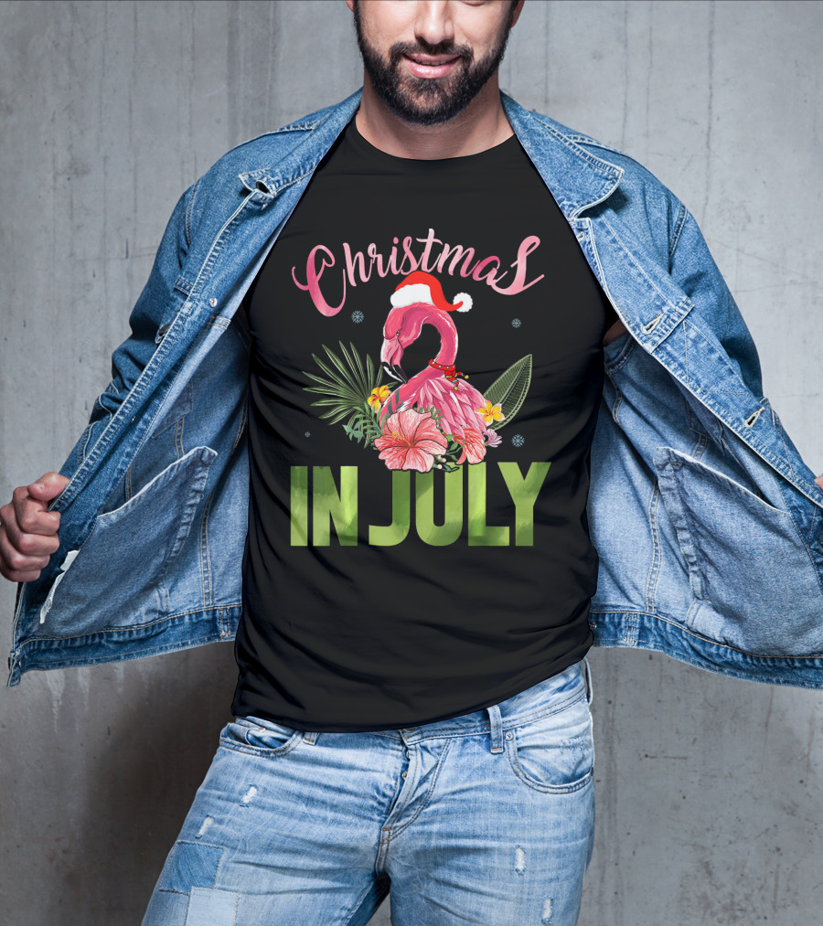 Christmas In July Cute Santa Hat Flamingo Summer T-Shirt