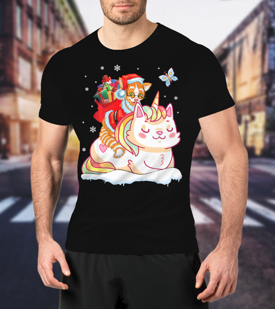 Santa Cat Riding Unicorn With Christmas Presents And Butterfly T-Shirt