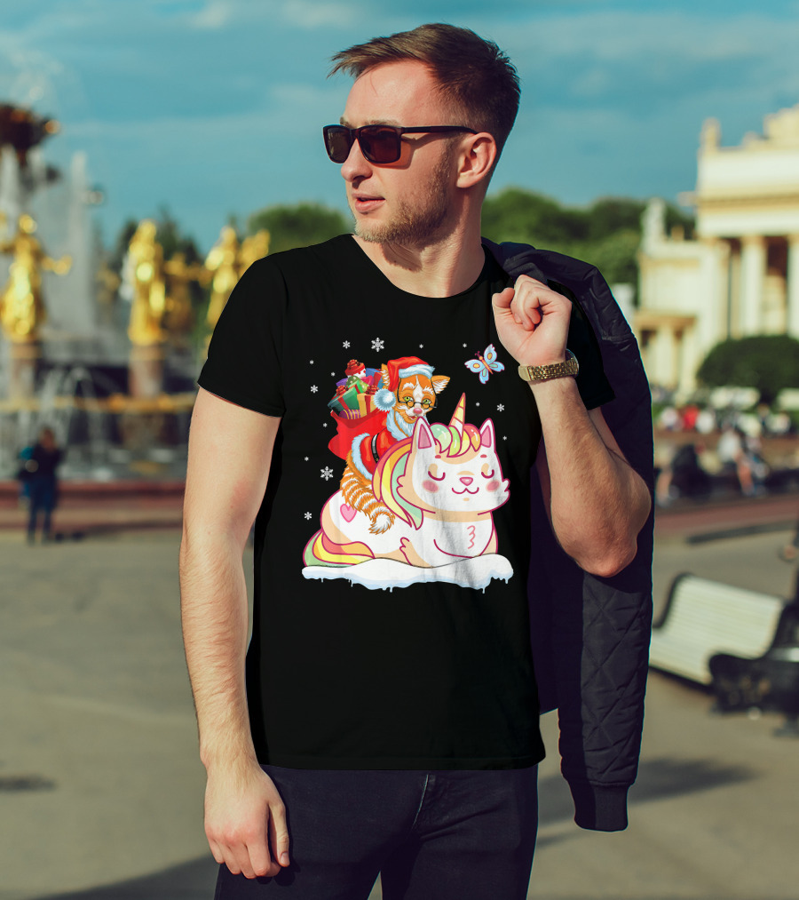 Santa Cat Riding Unicorn With Christmas Presents And Butterfly T-Shirt