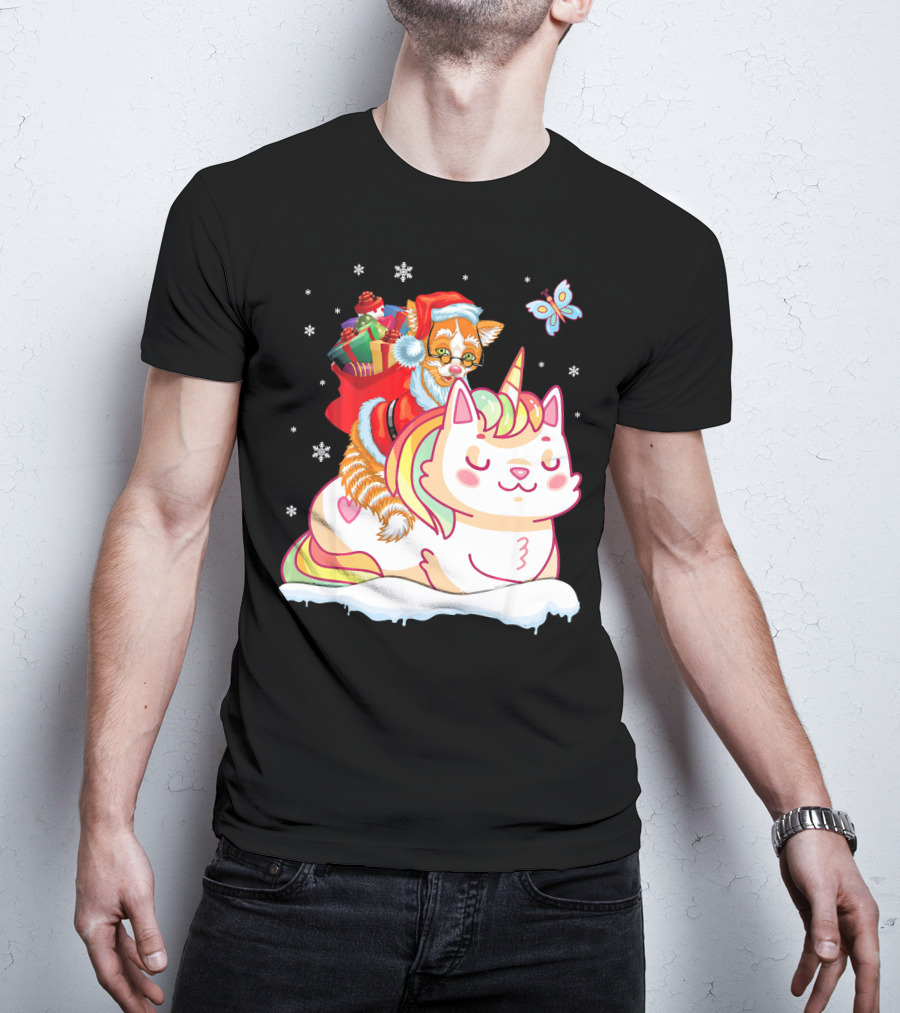 Santa Cat Riding Unicorn With Christmas Presents And Butterfly T-Shirt