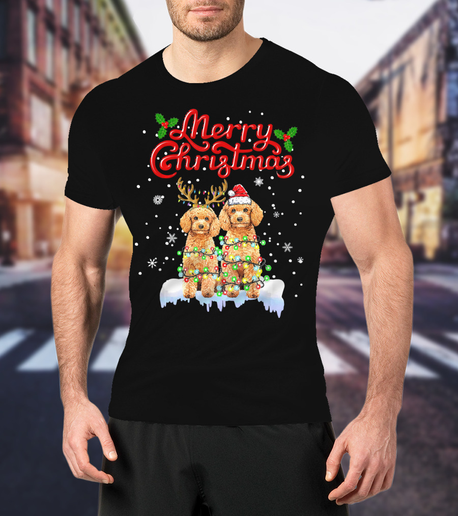 Merry Christmas Poodle Lights Funny Dog Matching T-Shirt
