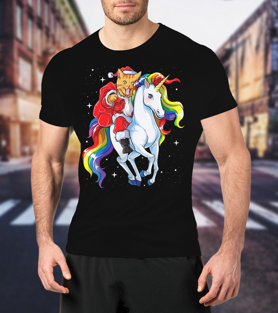 Cat Santa Riding Rainbow Unicorn Christmas Girl T-Shirt