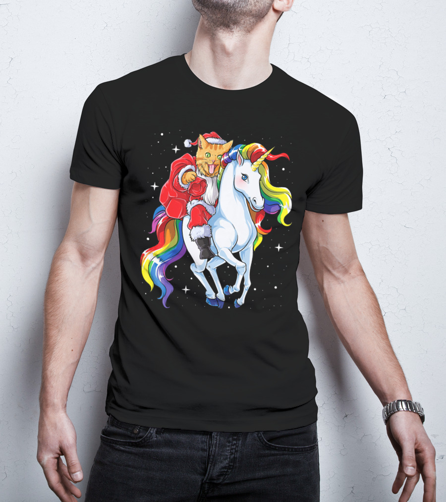 Cat Santa Riding Rainbow Unicorn Christmas Girl T-Shirt