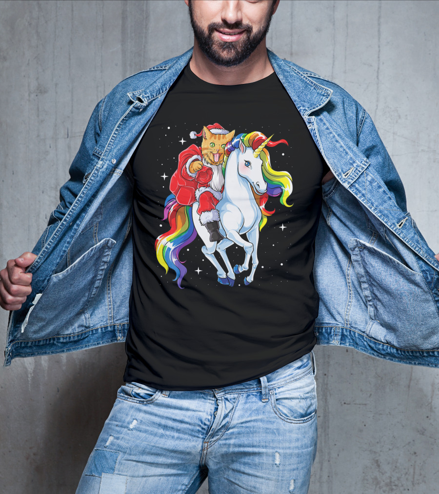 Cat Santa Riding Rainbow Unicorn Christmas Girl T-Shirt