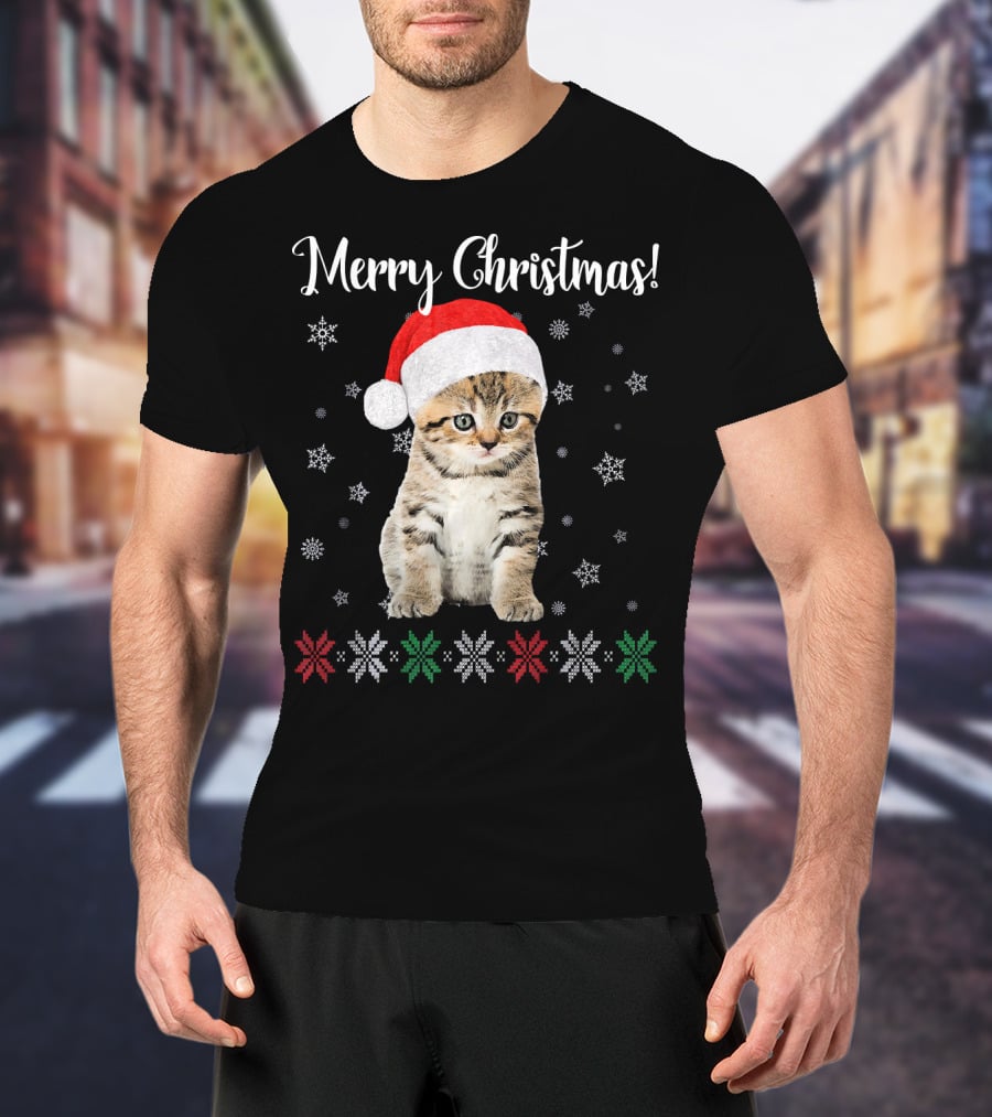 Merry Christmas Cat Wearing Santa Hat With Snowflakes And Festive Stars T-Shirt