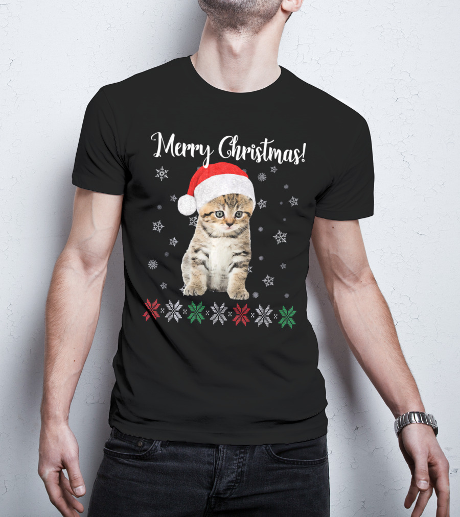 Merry Christmas Cat Wearing Santa Hat With Snowflakes And Festive Stars T-Shirt