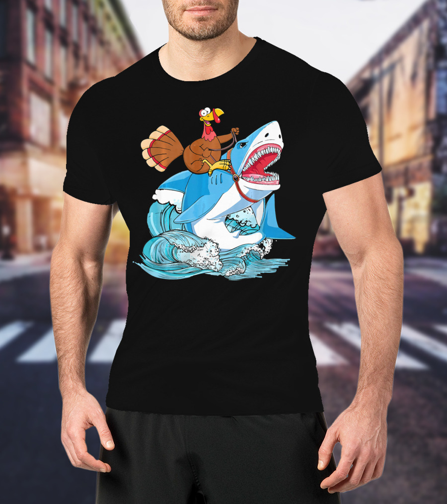 Dabbing Turkey Riding Great White Shark Waves T-Shirt