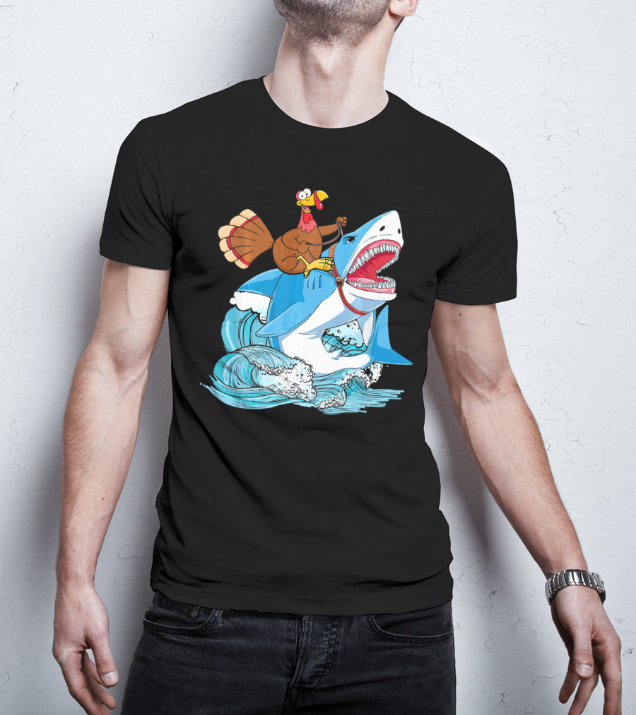 Dabbing Turkey Riding Great White Shark Waves T-Shirt
