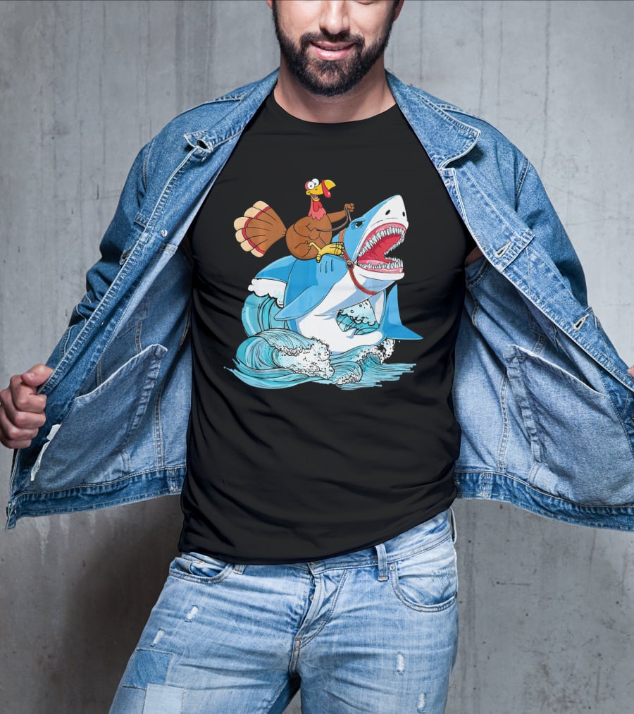 Dabbing Turkey Riding Great White Shark Waves T-Shirt