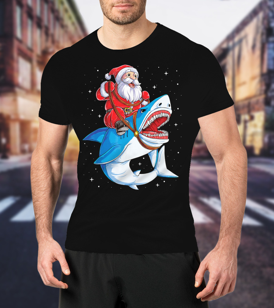 Santa Riding Shark Christmas Boys Santa Shark T-Shirt