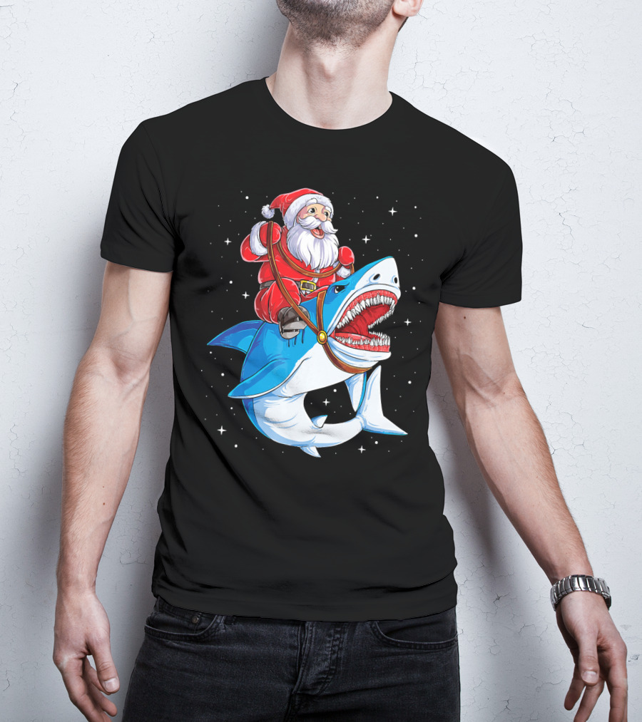 Santa Riding Shark Christmas Boys Santa Shark T-Shirt