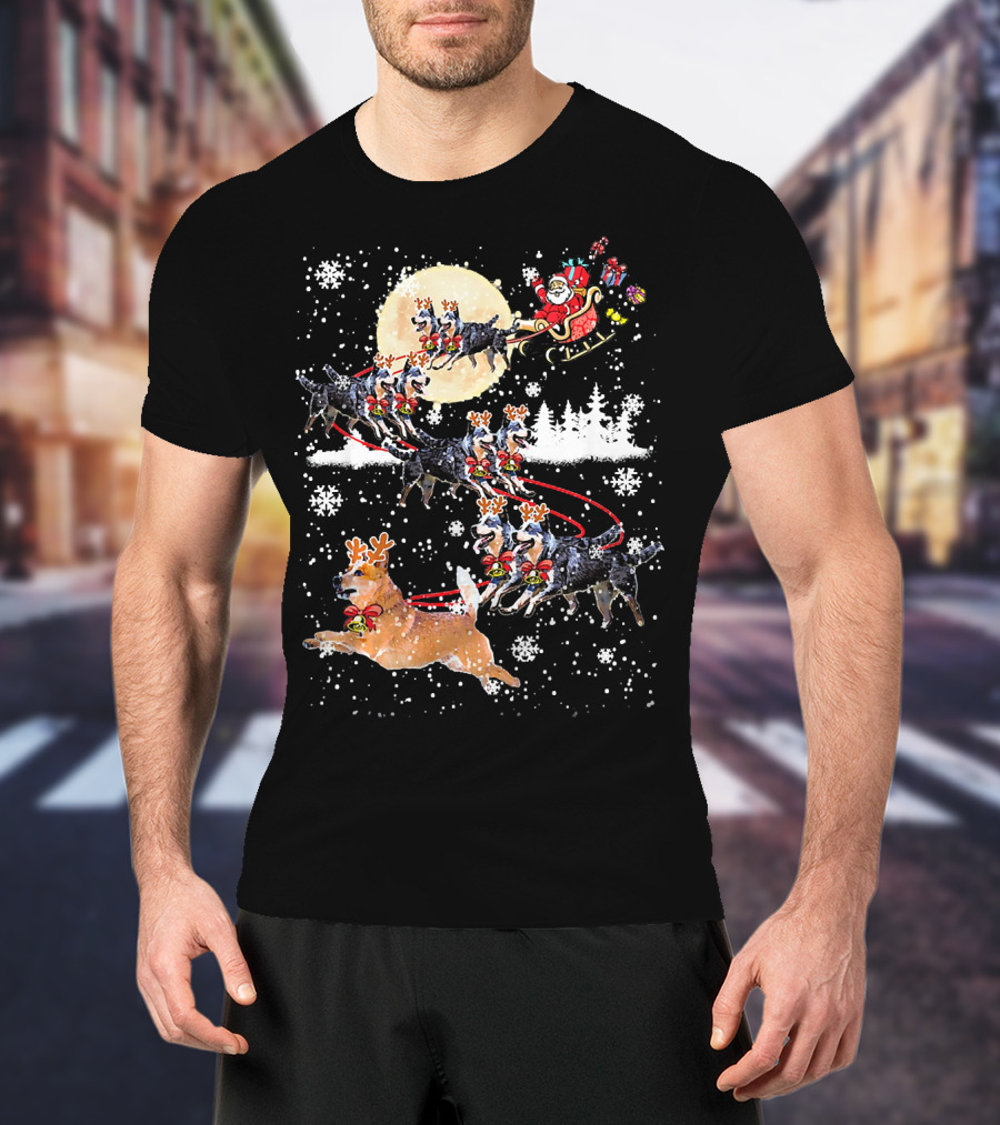 Heeler Reindeer Santa Sleigh Christmas Moon Dog T-Shirt