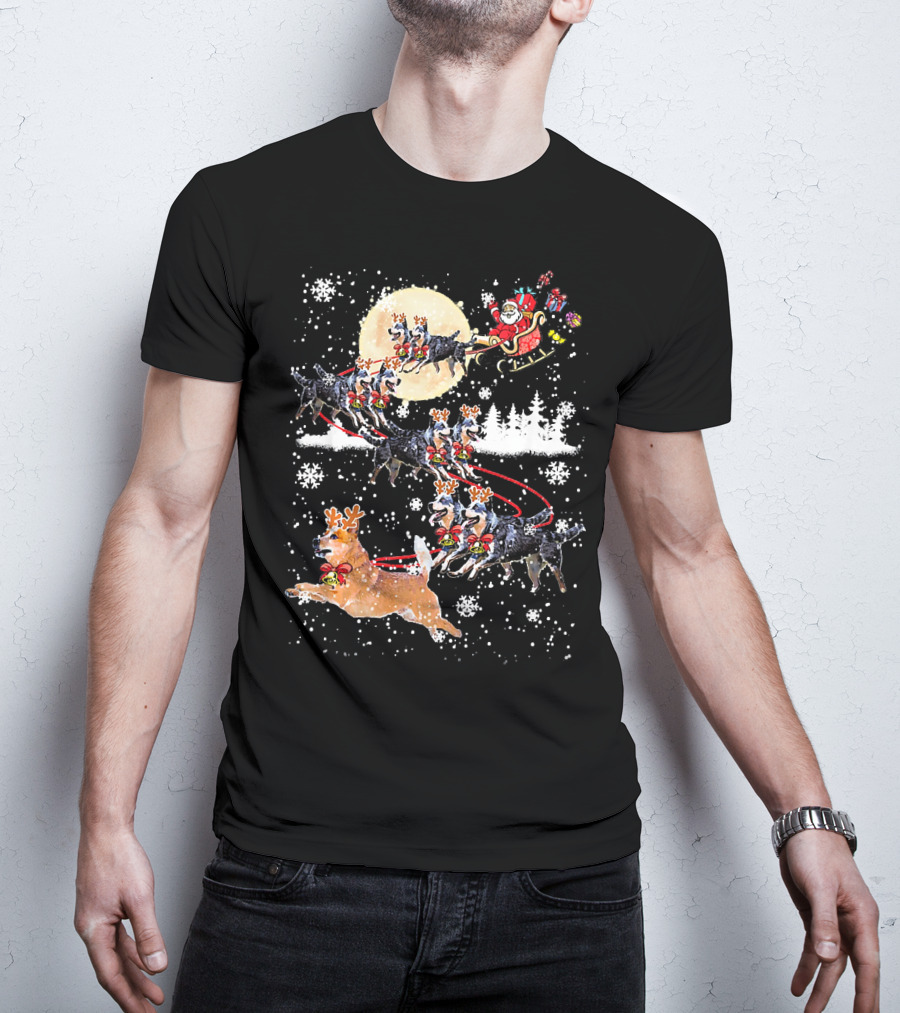 Heeler Reindeer Santa Sleigh Christmas Moon Dog T-Shirt
