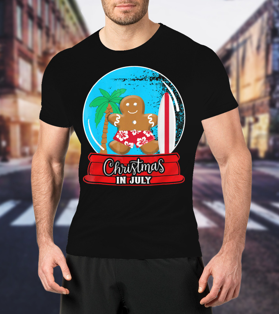 Christmas In July Surfing Gingerbread Snow Globe T-Shirt