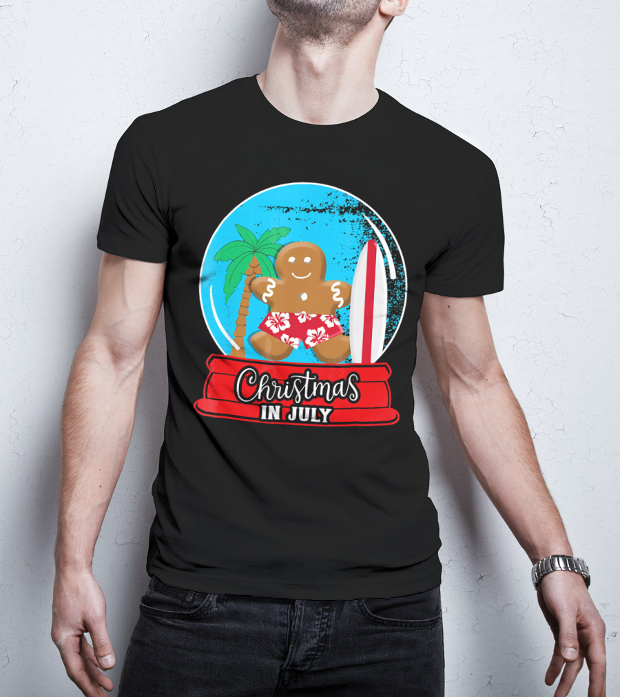 Christmas In July Surfing Gingerbread Snow Globe T-Shirt