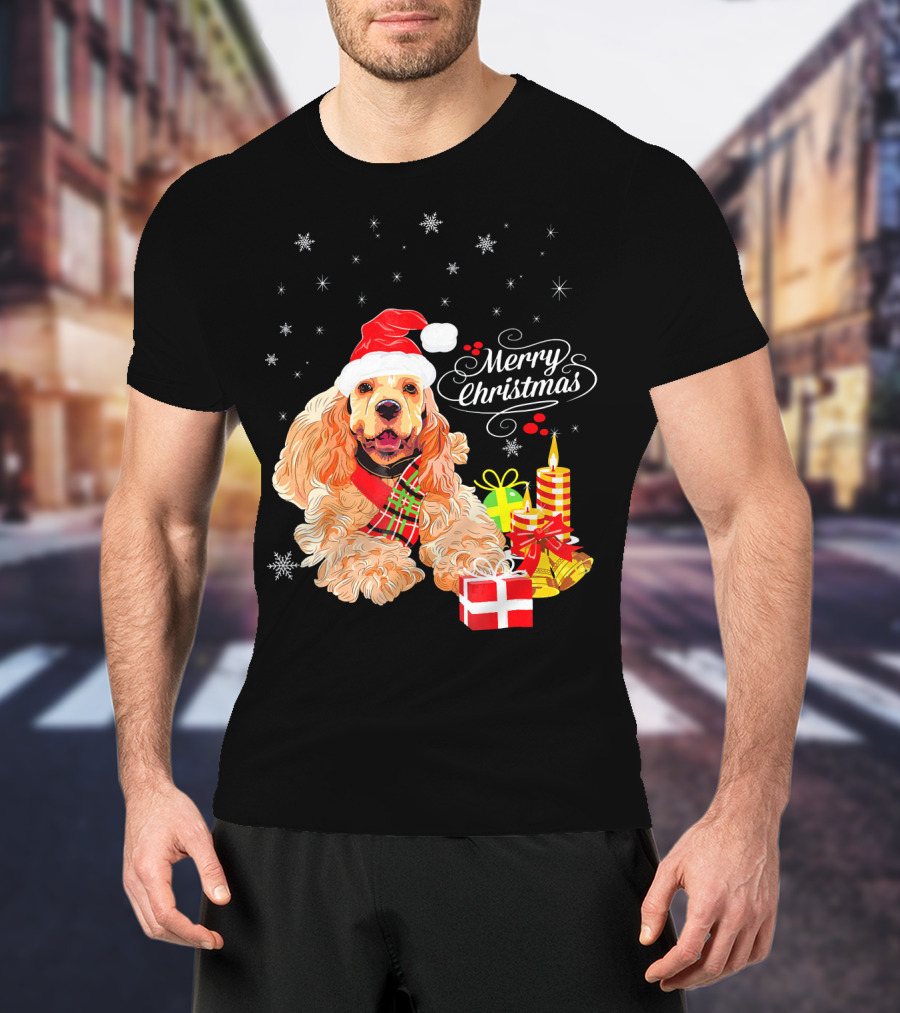Cocker Spaniel Merry Christmas Santa Hat Candles Gifts Snowflakes T-Shirt