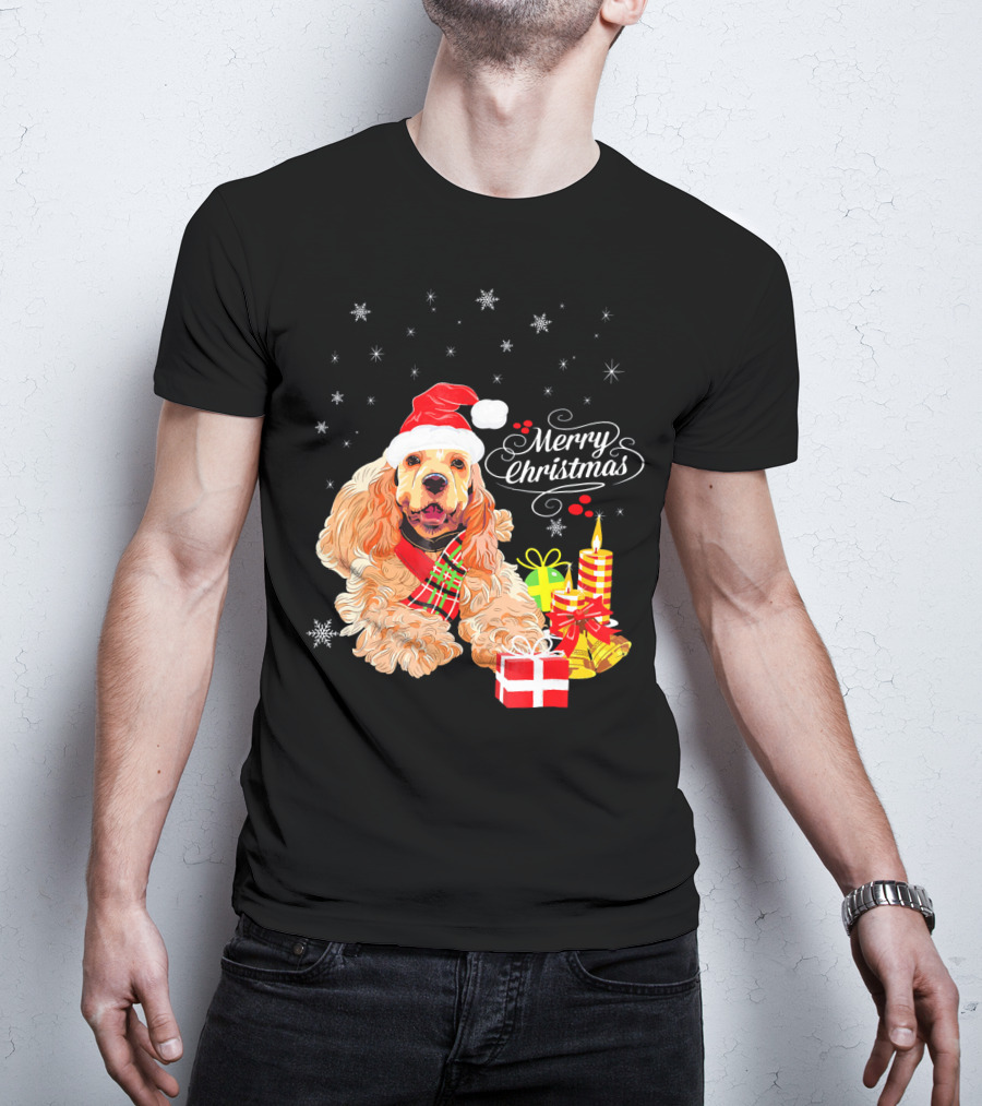 Cocker Spaniel Merry Christmas Santa Hat Candles Gifts Snowflakes T-Shirt