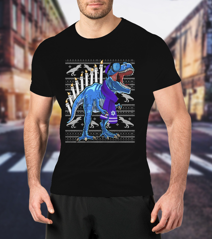 Menorasaurus Rex Dinosaur Wearing Blue Scarf And Sunglasses With Candles And Dinosaur T-Shirt