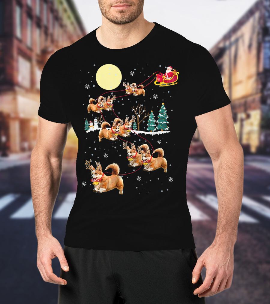 Christmas Corgi Santa Sleigh Cute Holiday Pajamas T-Shirt