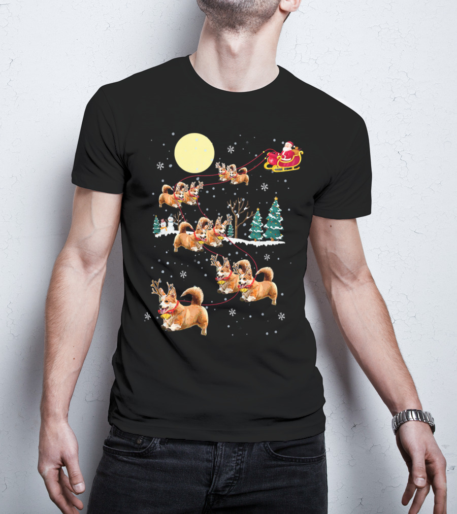 Christmas Corgi Santa Sleigh Cute Holiday Pajamas T-Shirt