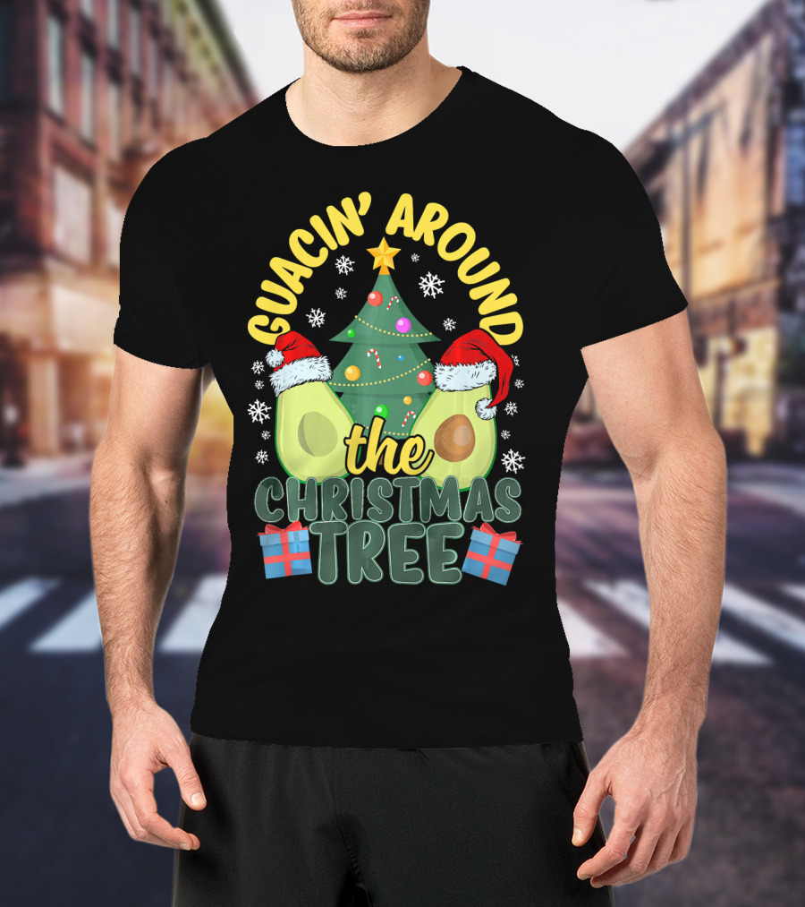 Guacin' Around The Christmas Tree Snowflakes Presents Santa Hats T-Shirt