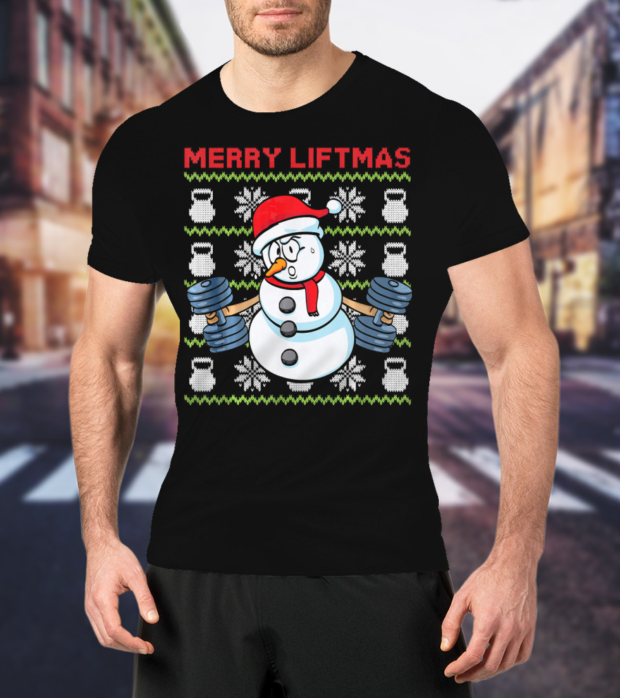 Merry Liftmas Fitness Snowman Xmas Weightlifting Kettlebells T-Shirt
