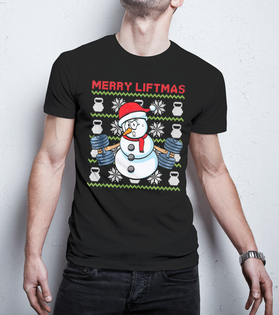 Merry Liftmas Fitness Snowman Xmas Weightlifting Kettlebells T-Shirt