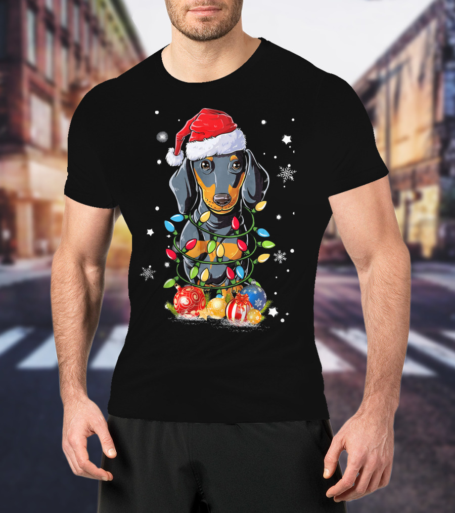 Dachshund Wrapped In Christmas Lights With Santa Hat And Ornaments T-Shirt